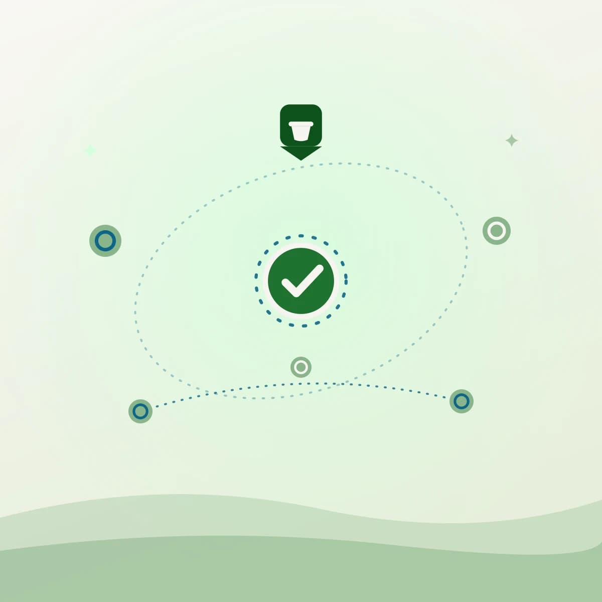 Illustration of a Food Web kitchen booking refund: a checkmark, returning credits, and a kitchen pin