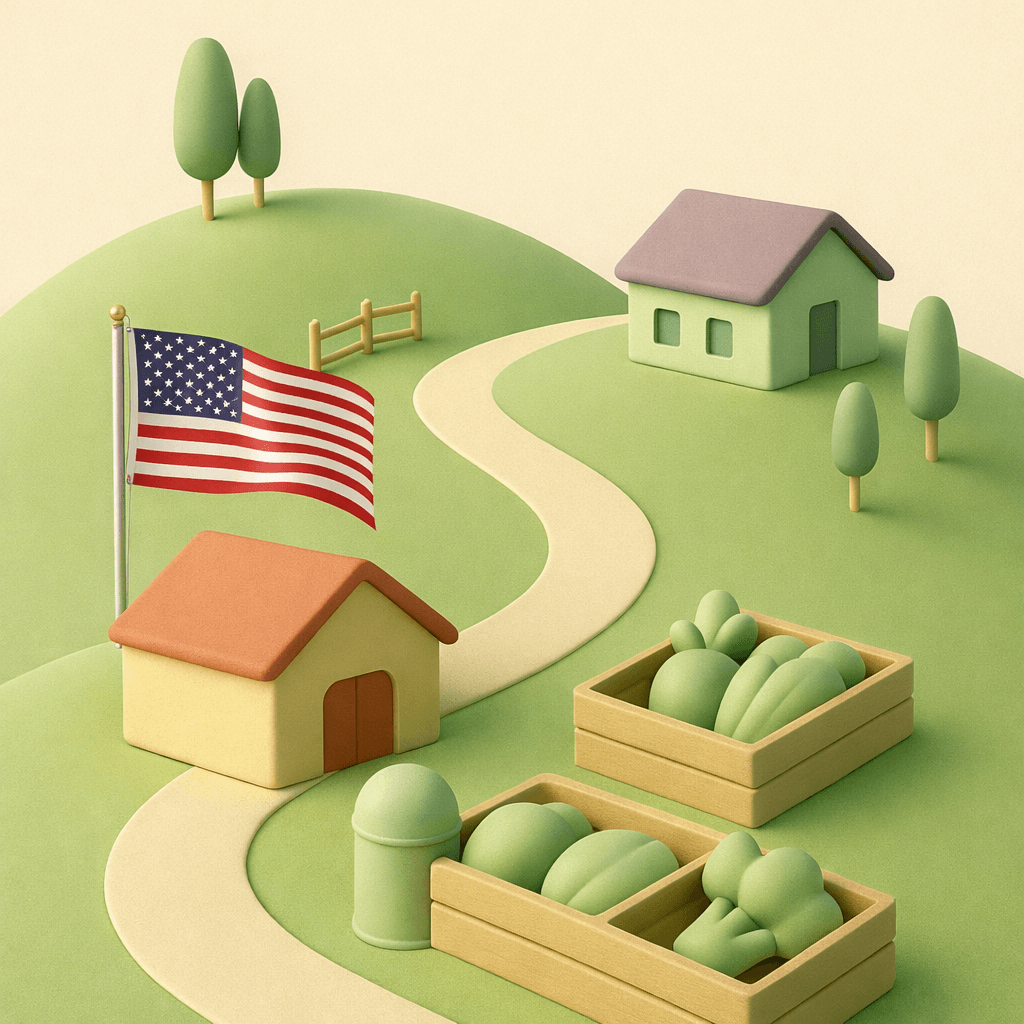 USA landscape illustration with American flag, houses, and agricultural elements