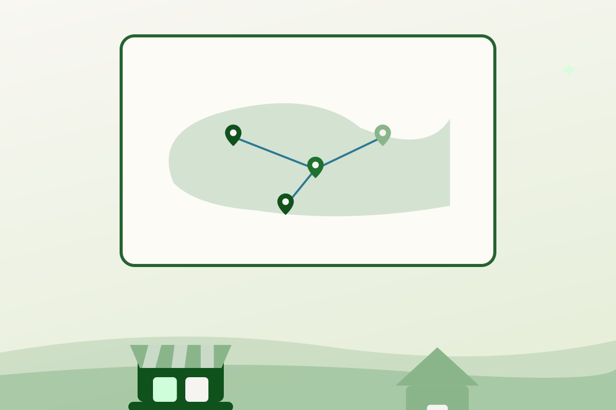 Illustration of mapped food locations connected across the Hamilton area