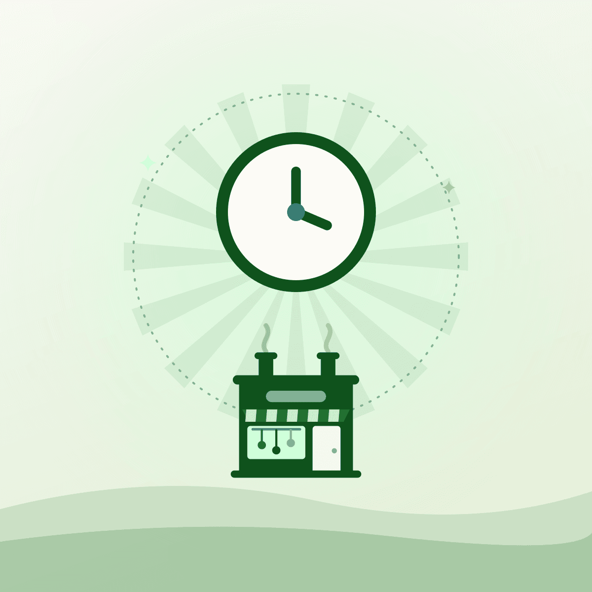 Illustrated clock above a small commercial kitchen, a symbol for hourly kitchen rental