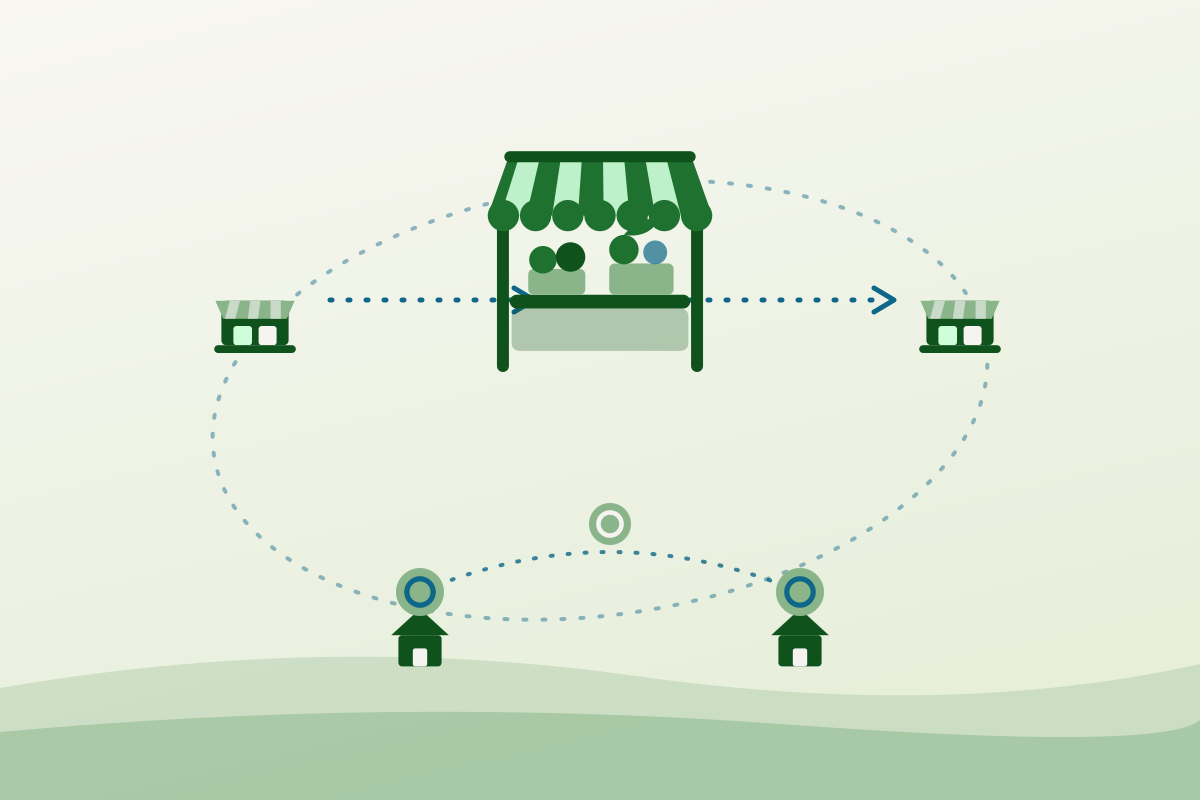 Flat illustration of market stalls and homes linked across a region, representing the Greater Moncton local food network