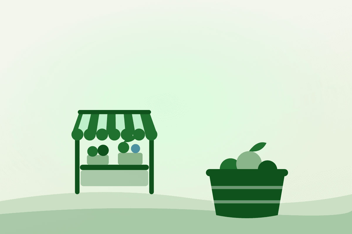 Flat illustration of a farmers market stall and a crate of produce representing the Sydney Public Market