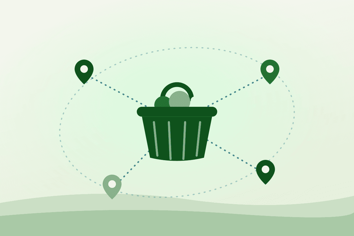 Flat illustration of a produce basket linked by dotted lines to four map pins around it