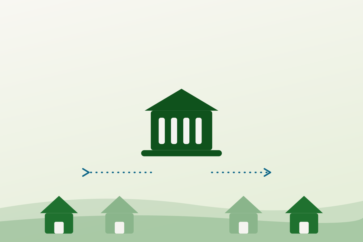 Flat illustration of a central distribution building with dotted lines running out to four neighbourhood buildings