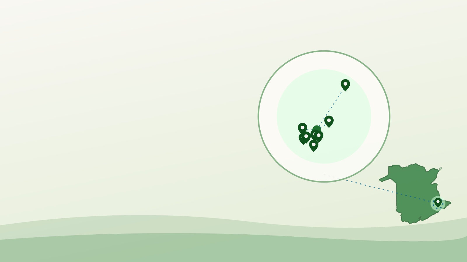Flat illustration of Moncton's mapped food support sites over an outline of New Brunswick — food bank moncton