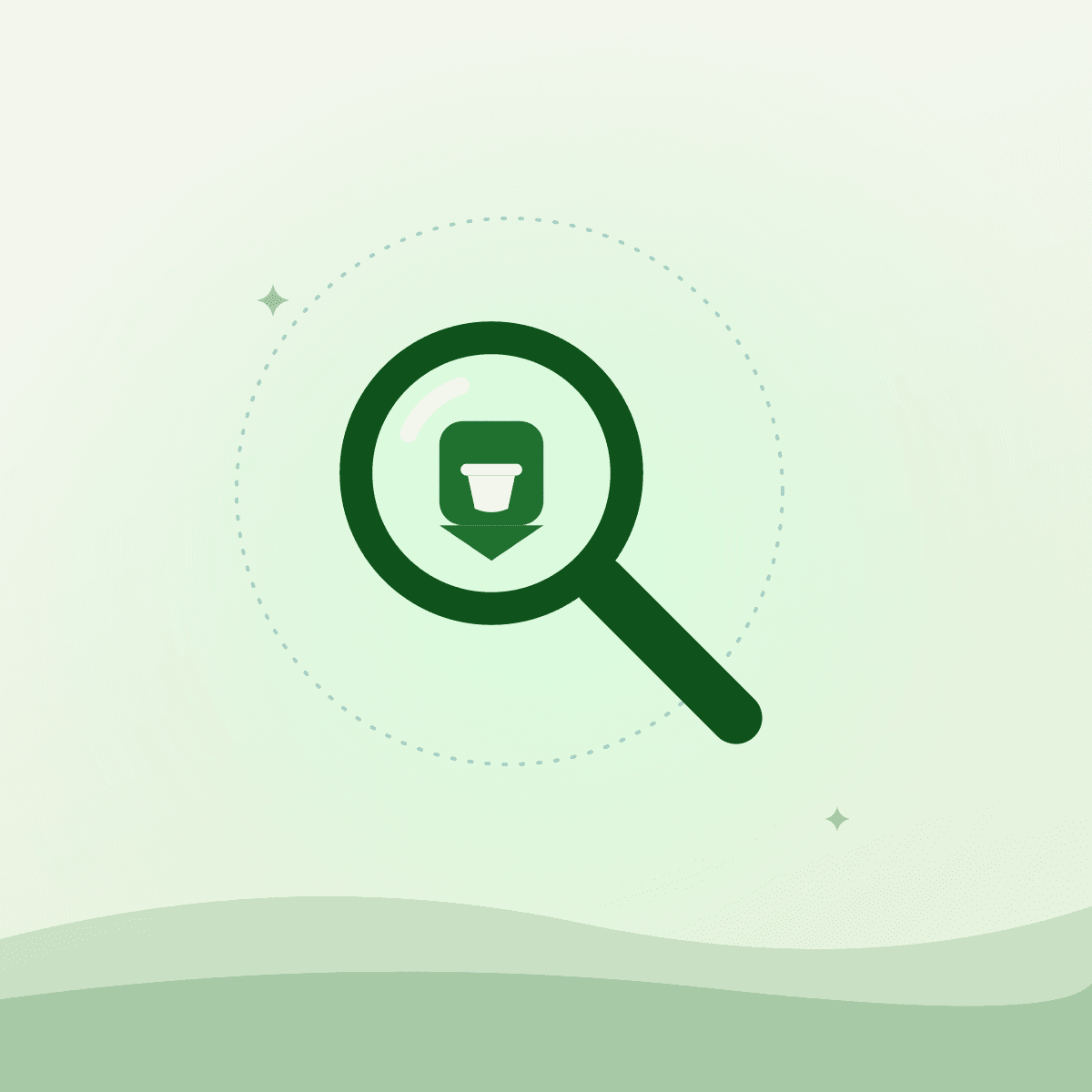 Illustrated magnifying glass over a kitchen pin representing a commissary kitchen near me search