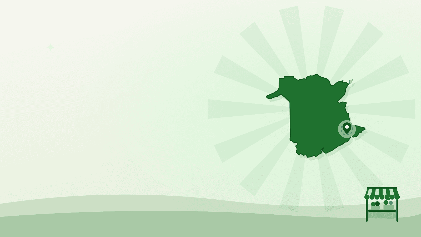 Flat illustration of the outline of New Brunswick with Moncton marked — farmers market moncton