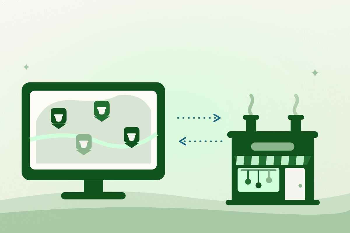 Flat illustration comparing a marketplace screen with several kitchen pins against a single standalone commissary building