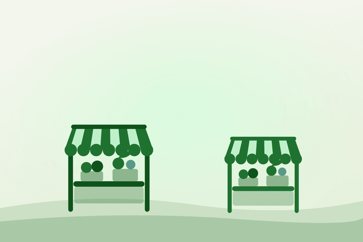 Flat illustration of two farmers market stalls of different sizes side by side, representing two markets in two municipalities