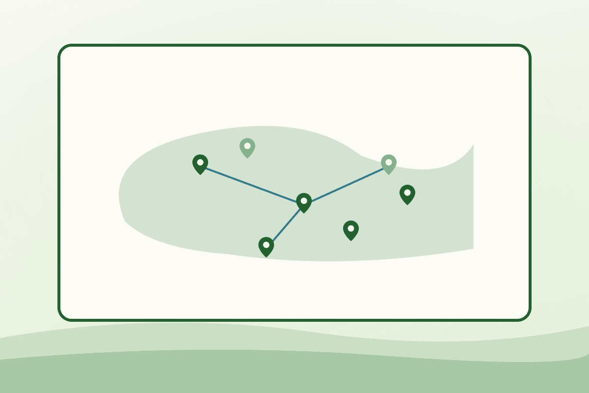 Flat illustration of a map card with connected location pins showing a dense network of community organisations