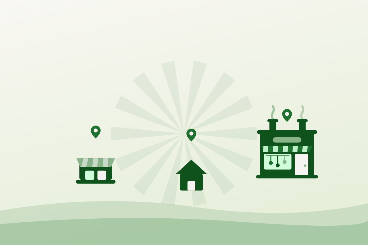 Flat illustration of a storefront, a house and a community kitchen, each marked with a map pin
