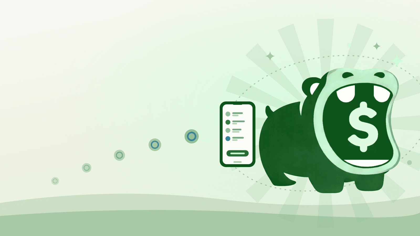 The Tippo hippo in Food Web green beside a phone showing a tip split, with a trail of coins arcing toward it.