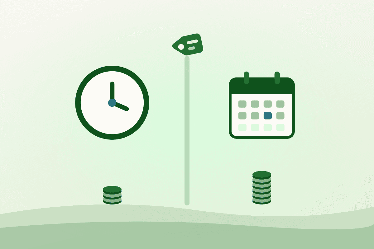 Illustration comparing an hourly clock and a monthly calendar, representing commissary kitchen near me cost models