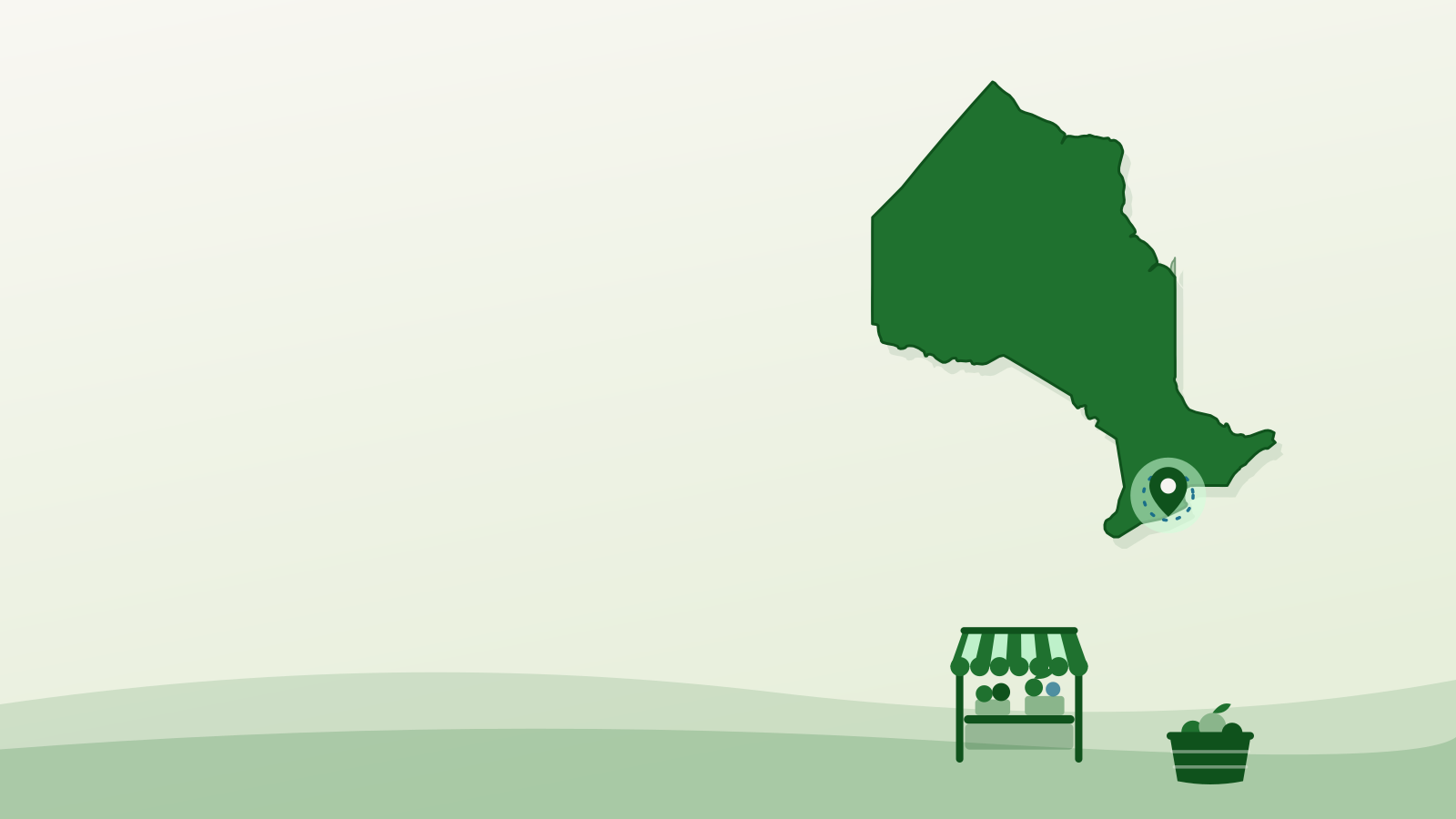 Flat illustration of the outline of Ontario with Hamilton marked beside a market stall — farmers market hamilton
