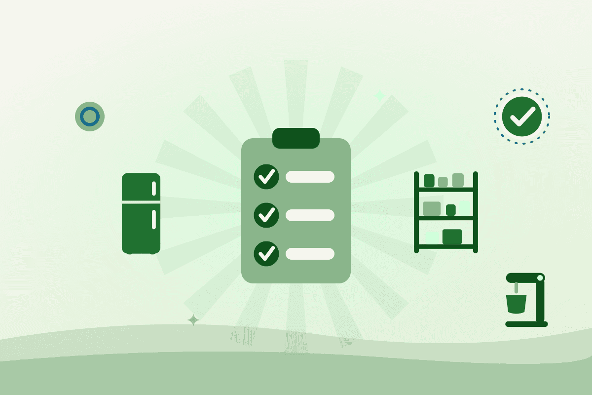 Checklist illustration for inspecting a commercial kitchen before renting, showing refrigeration, dry storage and equipment