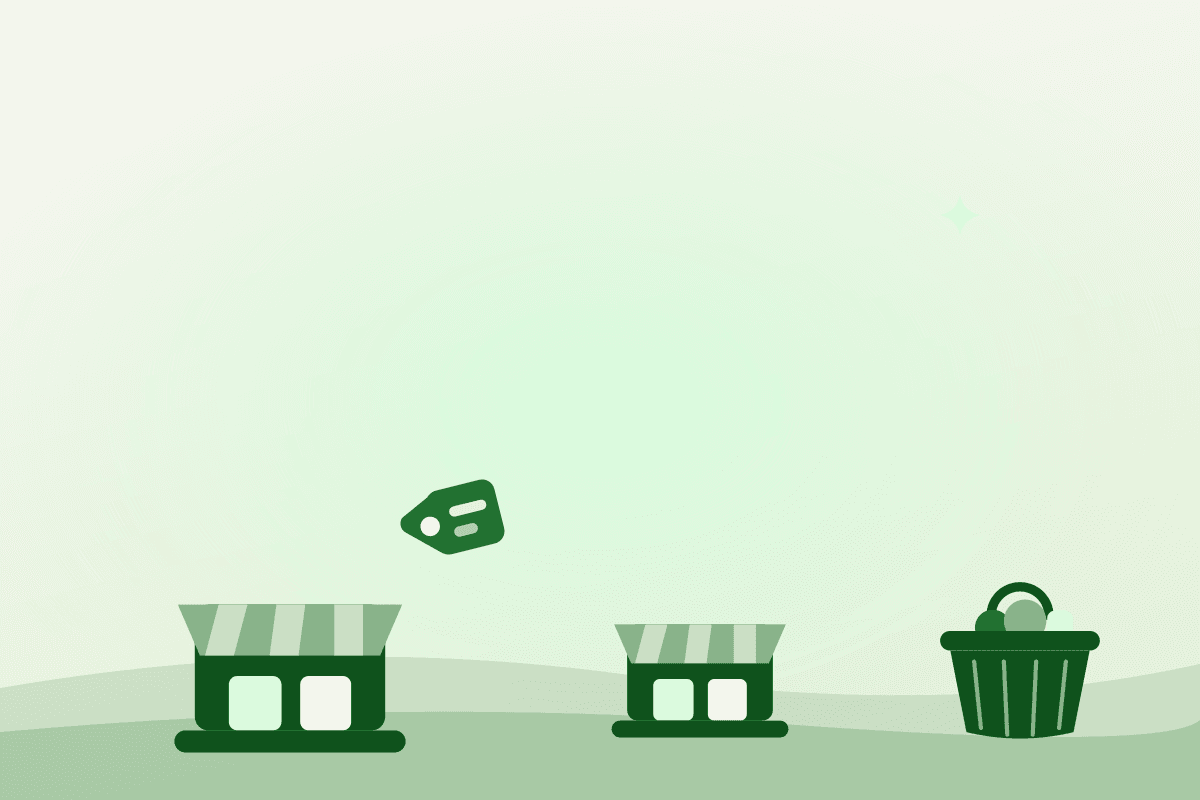 Flat illustration of two grocer storefronts with a price tag and shopping basket