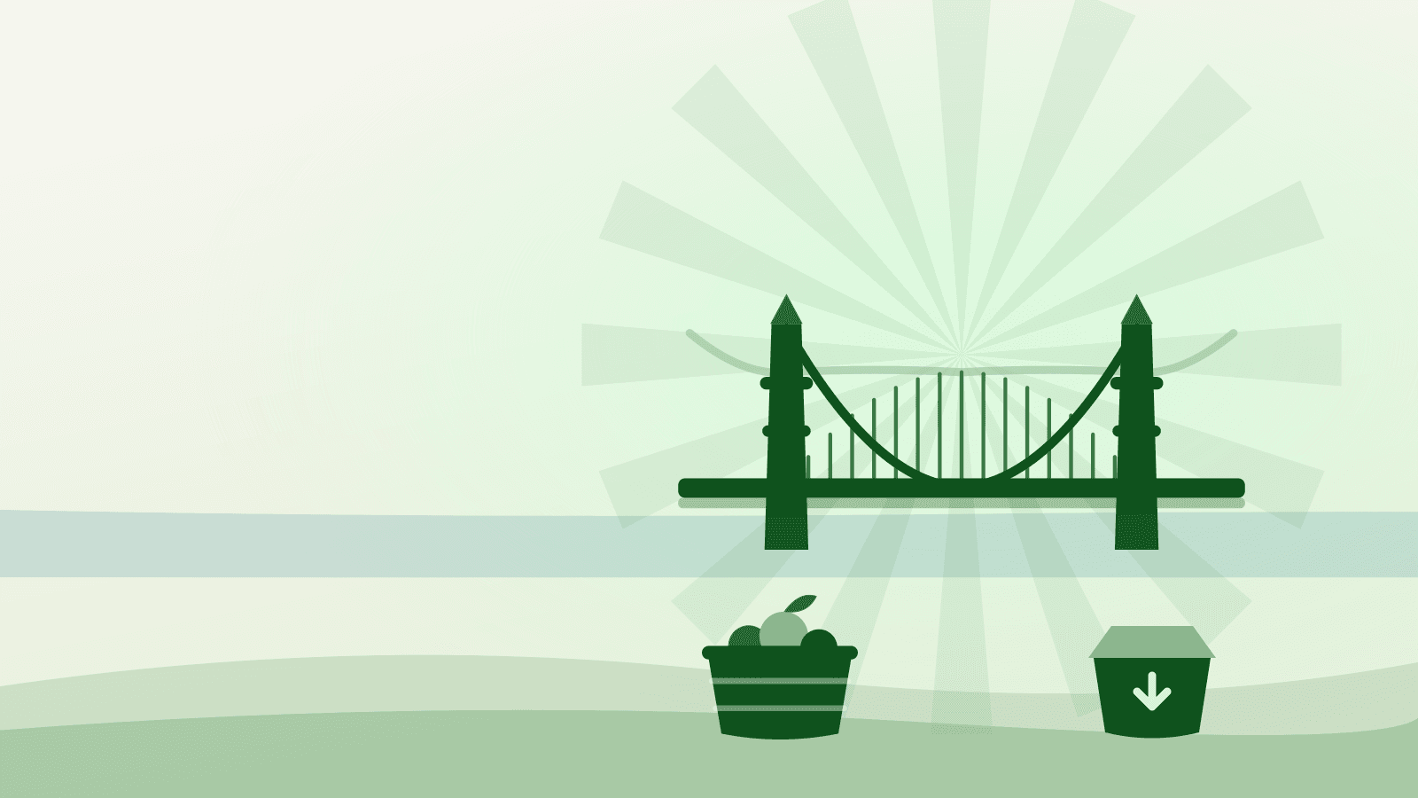 Flat illustration of the Ambassador Bridge over a produce crate and donation box, for a food bank Windsor Ontario guide