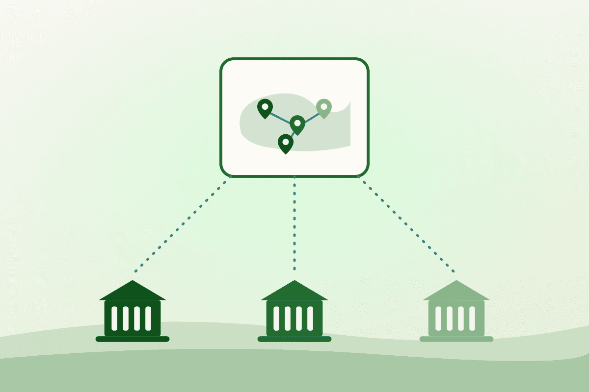 Three municipal department buildings connected to one shared food asset map for cross-department collaboration