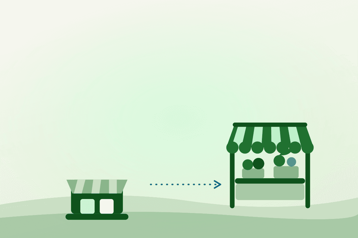 Illustration of a market moving from a permanent storefront to a temporary stall location