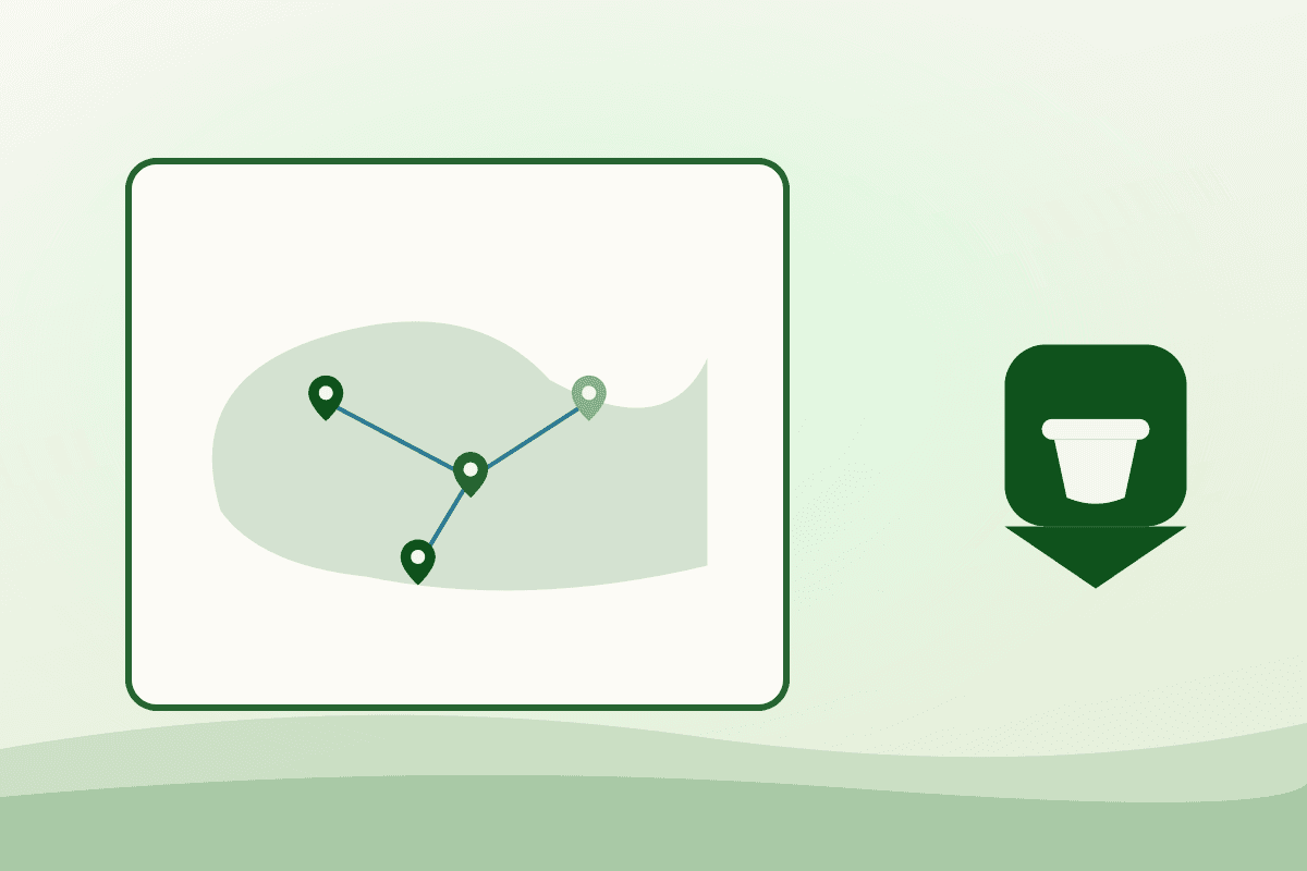 Flat illustration of a map of connected local food locations beside a kitchen location pin