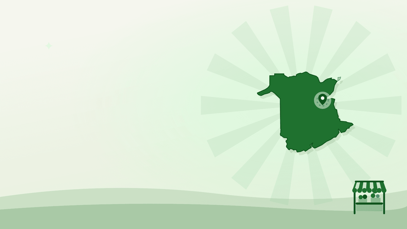 Flat illustration of the outline of New Brunswick with Miramichi marked — farmers market miramichi