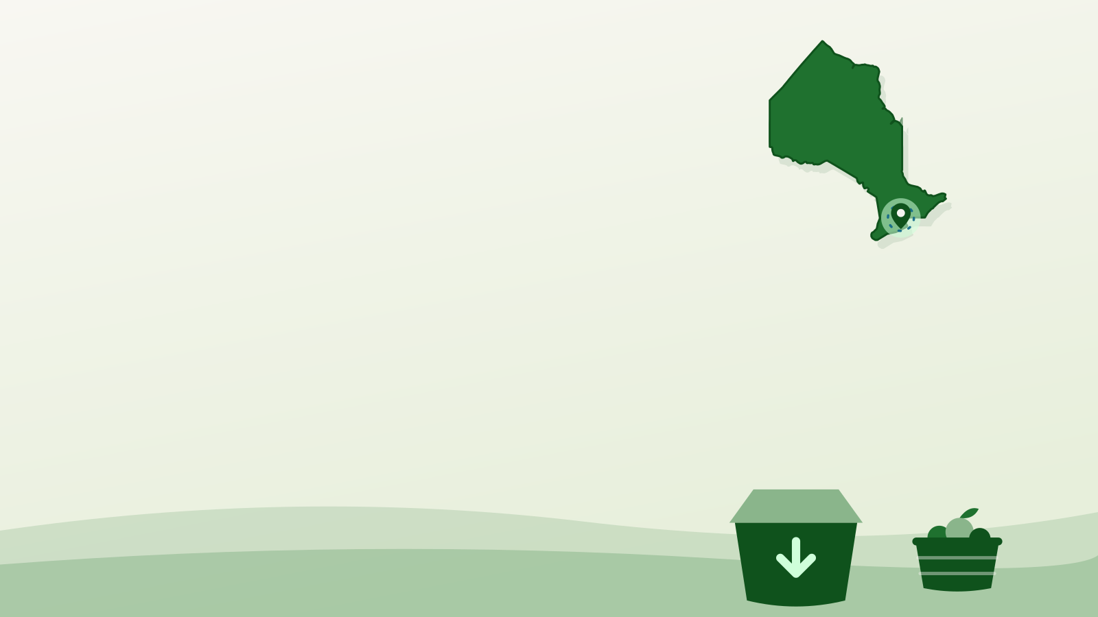 Flat illustration of the outline of Ontario with Mississauga marked above a donation box — food bank mississauga
