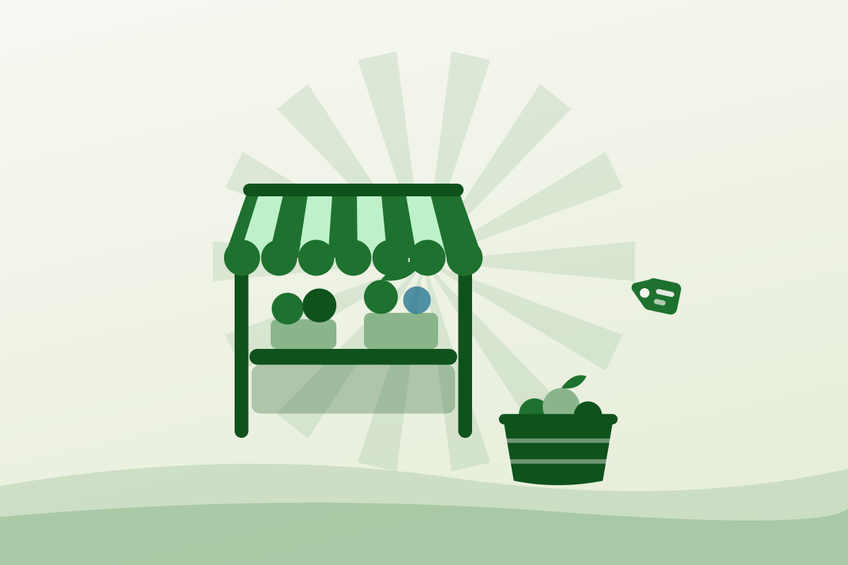 Flat illustration of a covered market stall with produce crates and a price tag