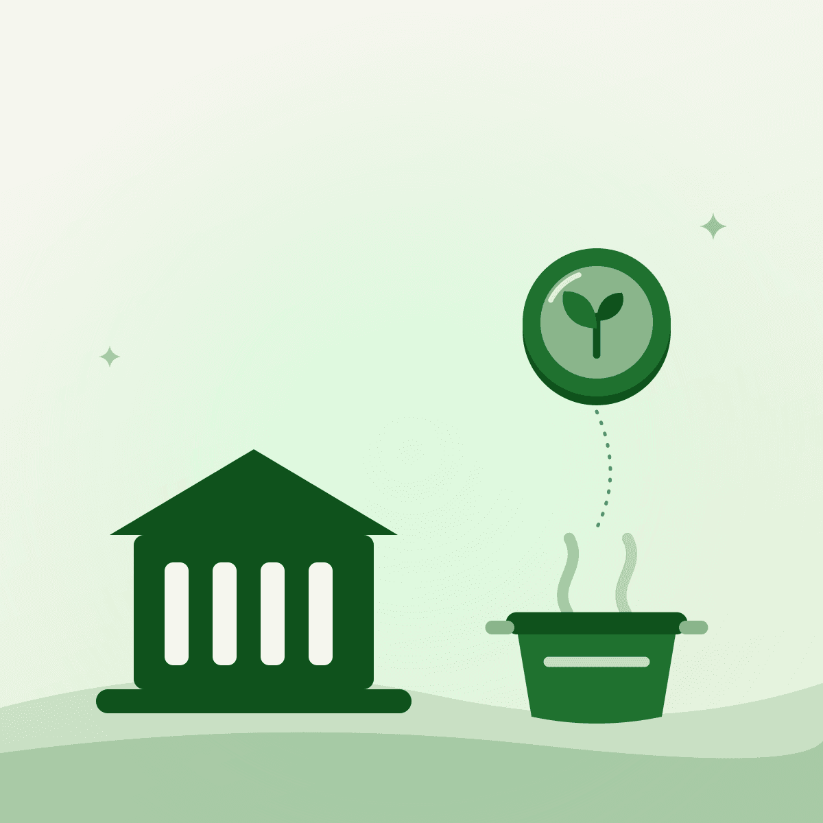 Flat illustration of a funding coin dropping toward a cooking pot beside a public building