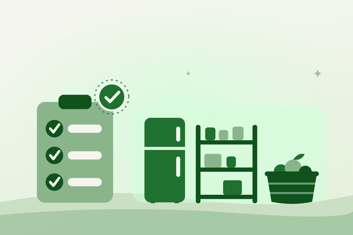 Flat illustration of a checklist with an approval badge beside a fridge, shelving and a produce crate, representing eligible food and equipment