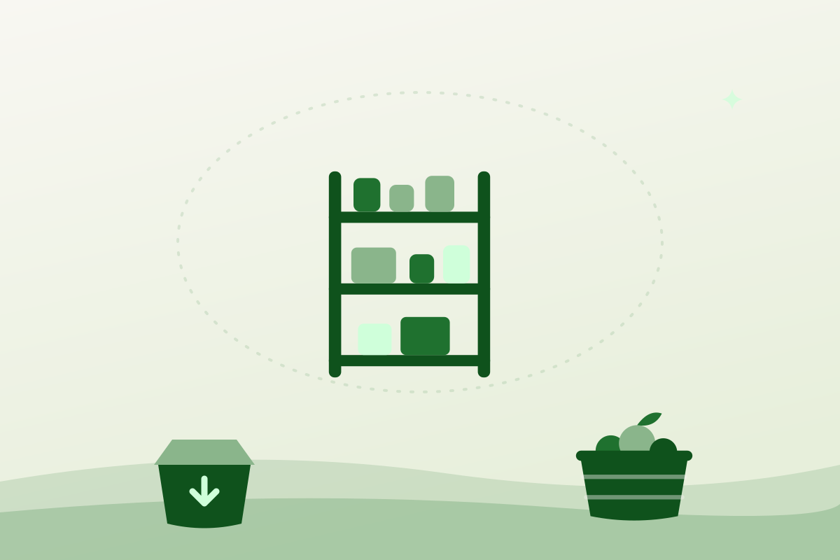 Illustration of a food bank donation shelf and receiving box for Hamilton food support programs