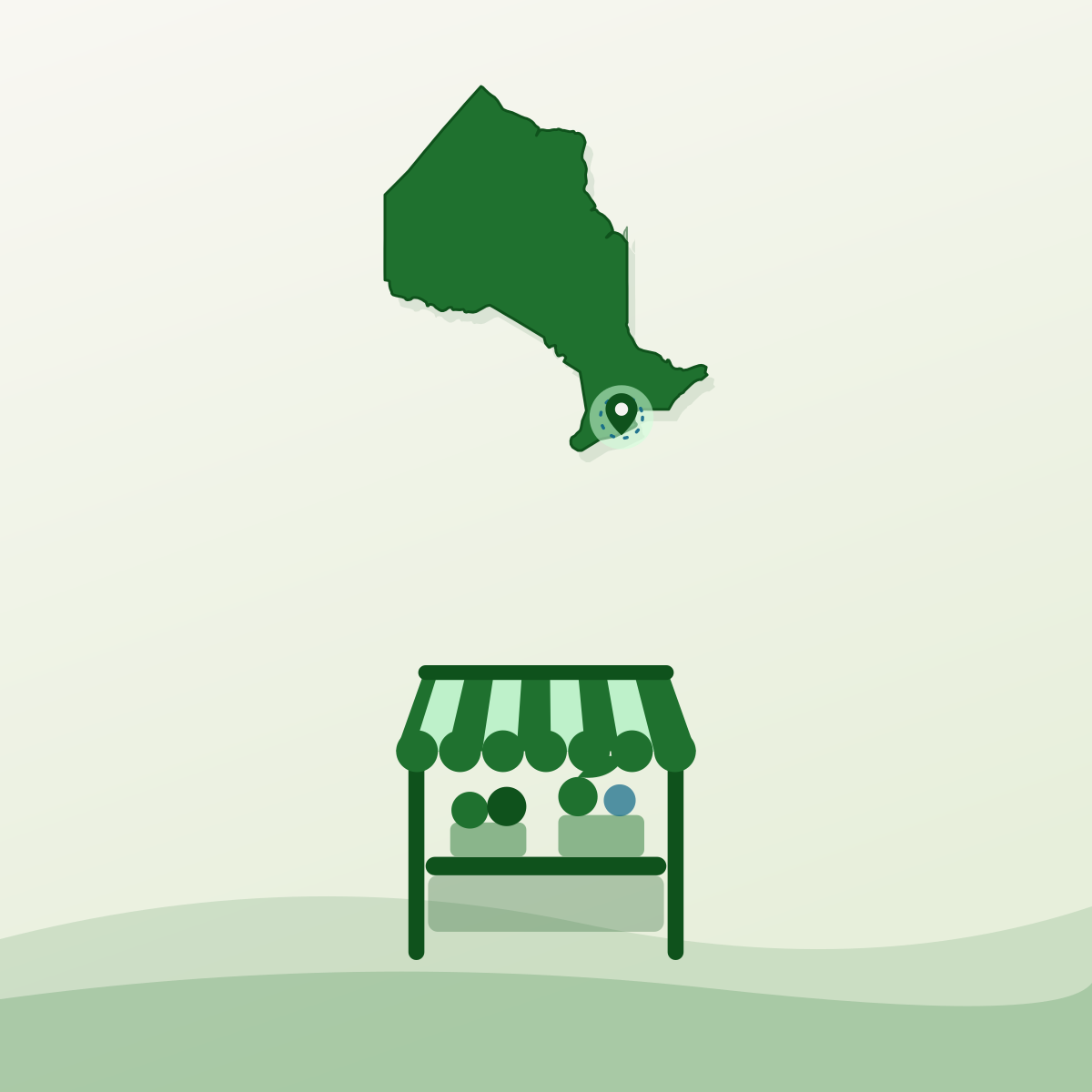 Illustrated market stall with the outline of Ontario and Hamilton marked above it