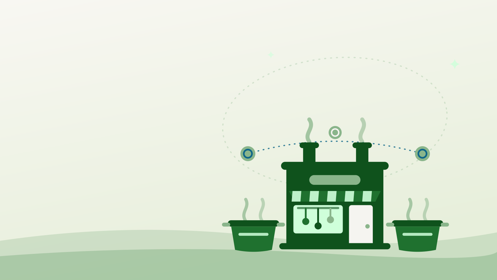 Illustration of a community kitchen building with funding flowing into it — Feed Ontario and Metro's Shared Kitchens Network