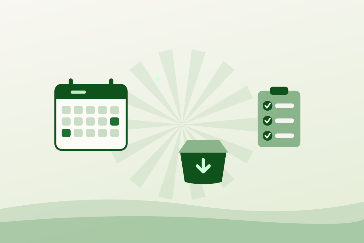 Flat illustration of a calendar, a packed hamper box and a clipboard, showing food bank Kitchener intake rules
