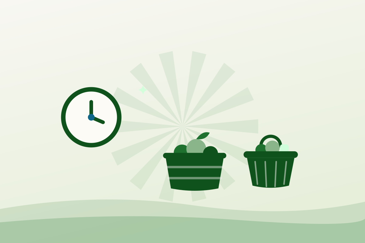 Flat illustration of a clock beside a produce crate and basket, showing food bank Guelph morning hours