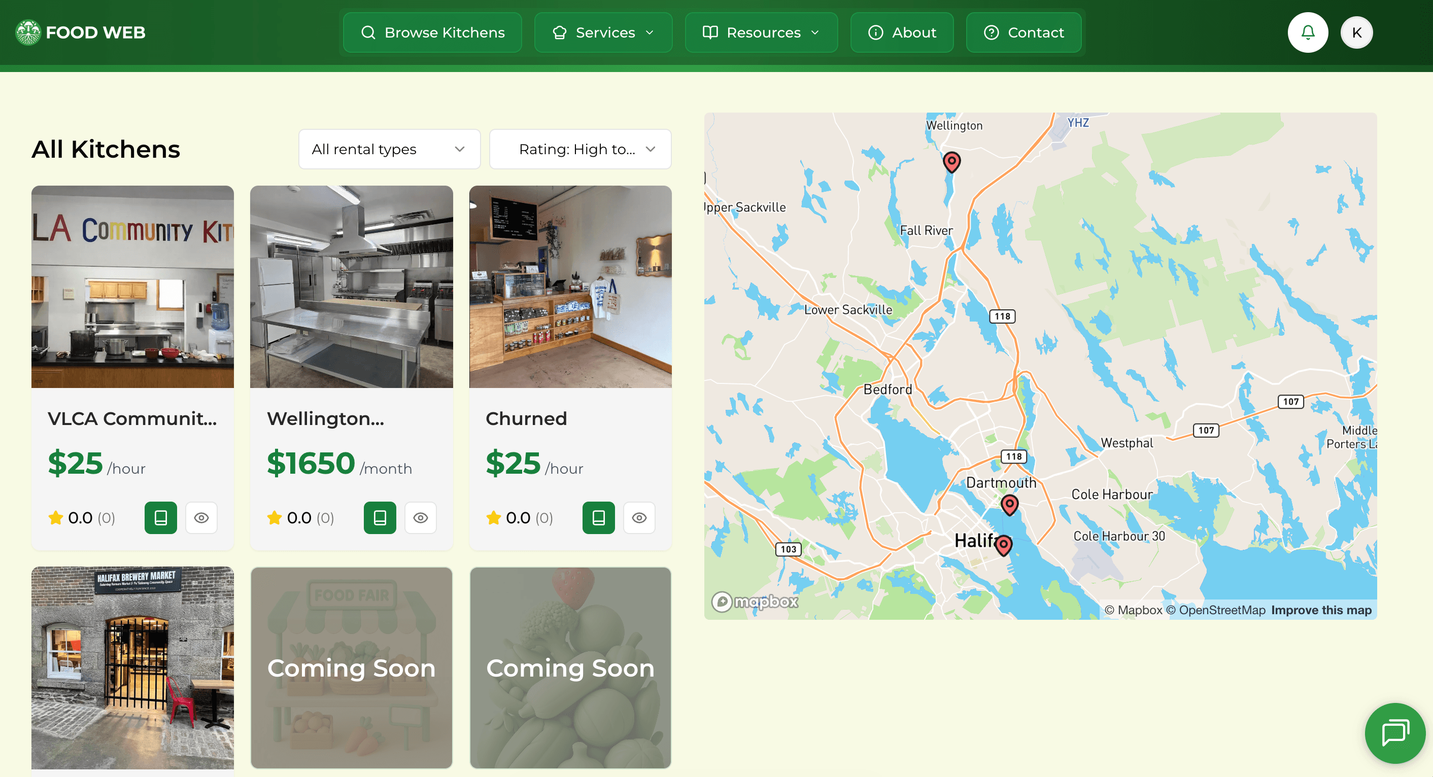Screenshot of the Food Web app showing a map with available commercial kitchens and their hourly rental prices.