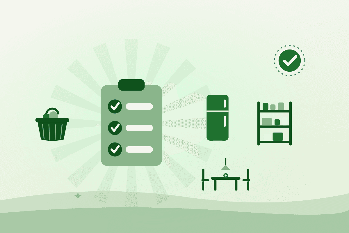 Checklist illustration of what to look for in a catering kitchen rental: cold storage, dry storage and service capacity