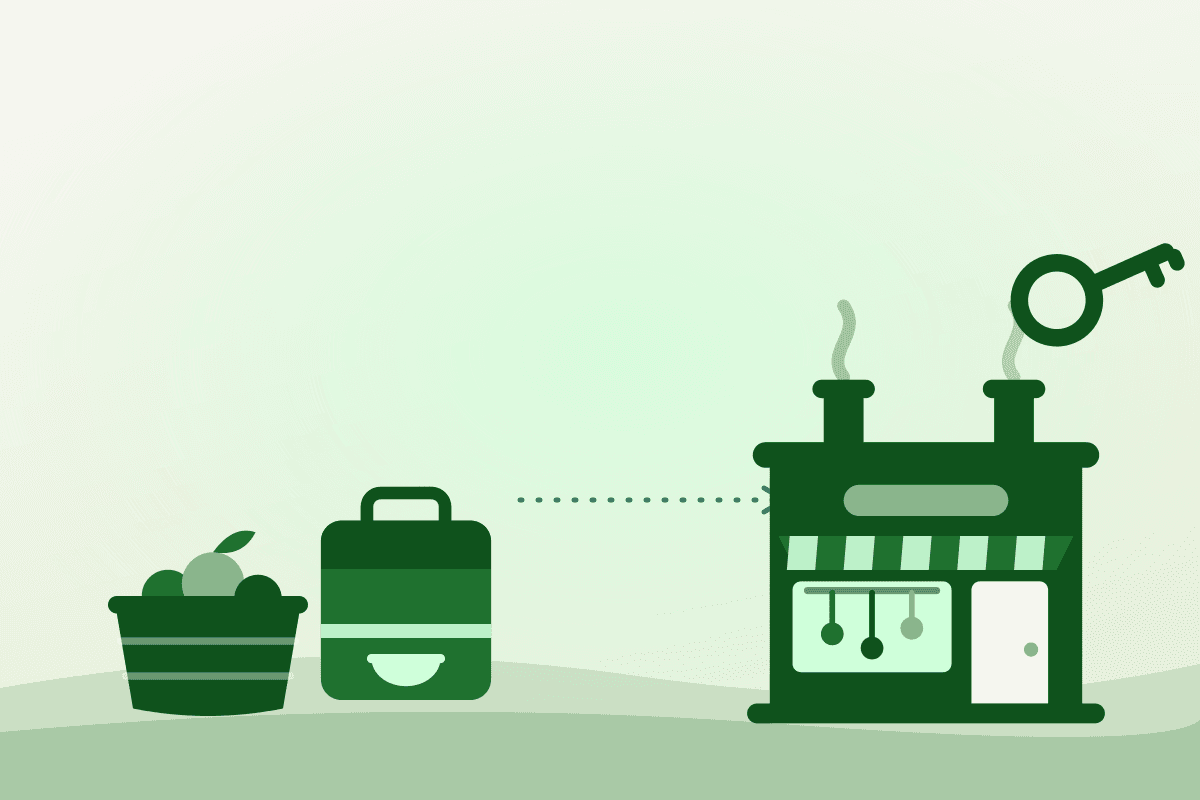 Illustration of produce and a delivery bag leading to a commercial kitchen, for North York vendors scaling up