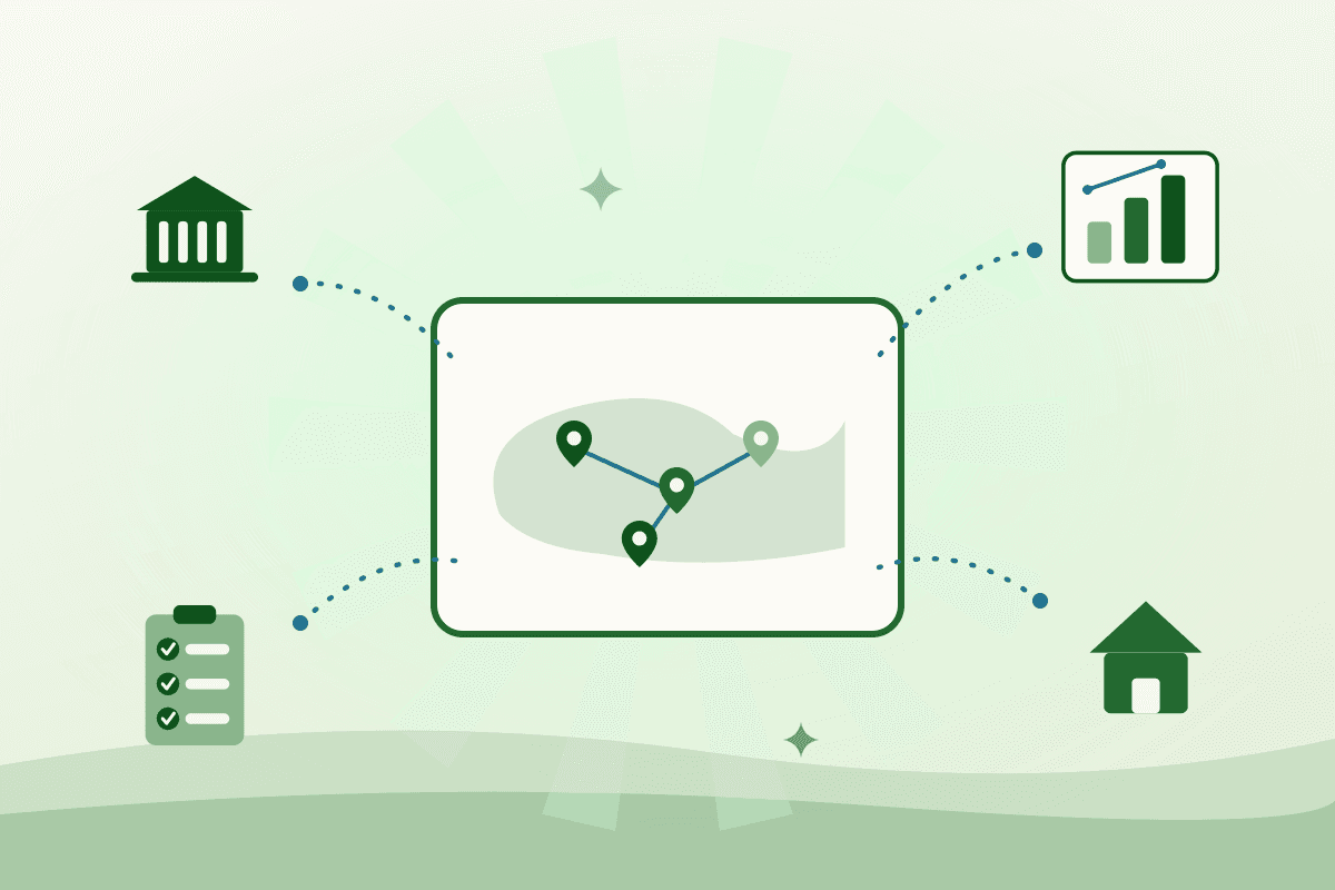 Municipal departments — planning, economic development, public health, and community services — connected around one shared community food map