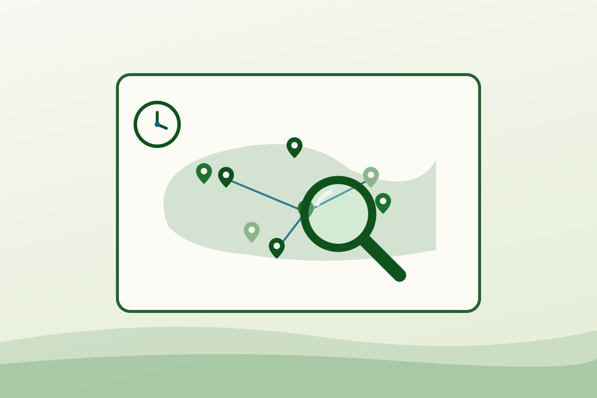 Flat illustration of a map card with location pins and a magnifier, representing a postal-code food bank locator
