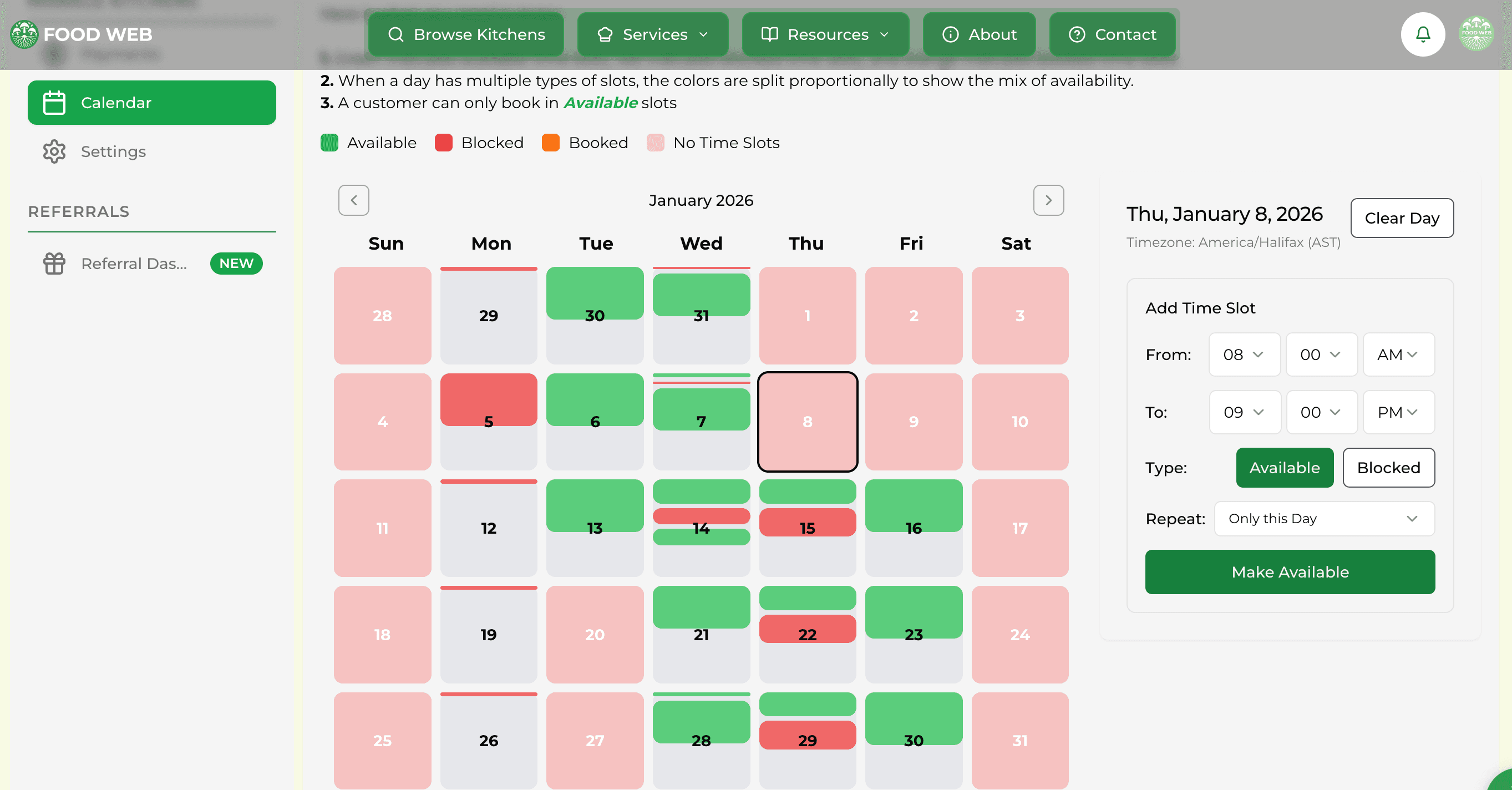 screenshot of Food Web kitchen rental platform calendar mangement