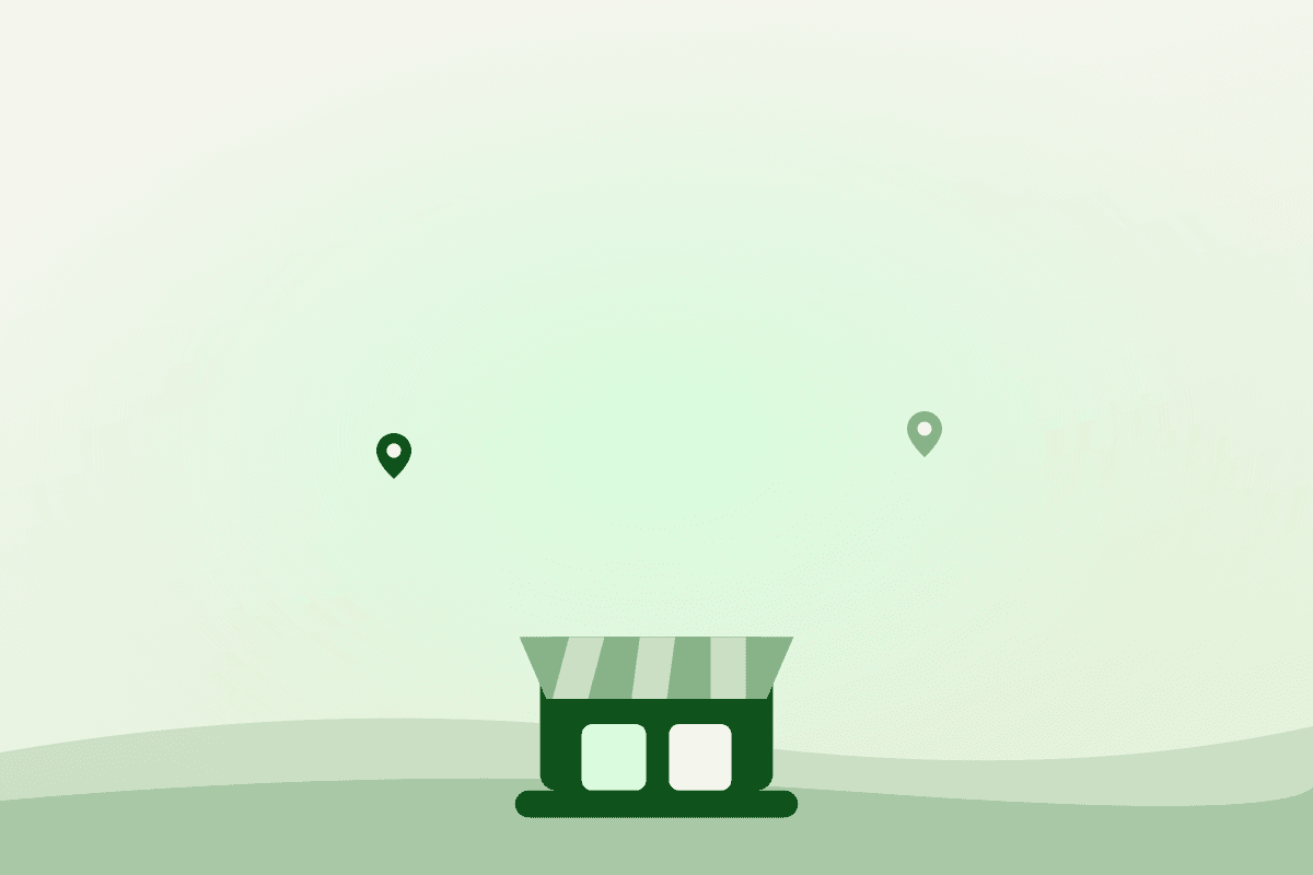Illustration of a permanent market building with location pins on either side