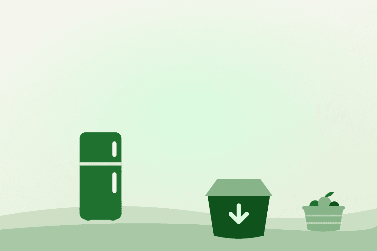 Flat illustration of a community fridge beside a donation box and a produce basket, representing different kinds of food support