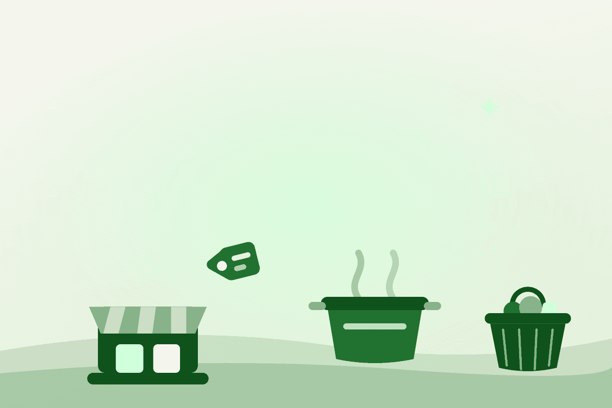 Flat illustration of a local food storefront, a cooking pot and a basket of produce