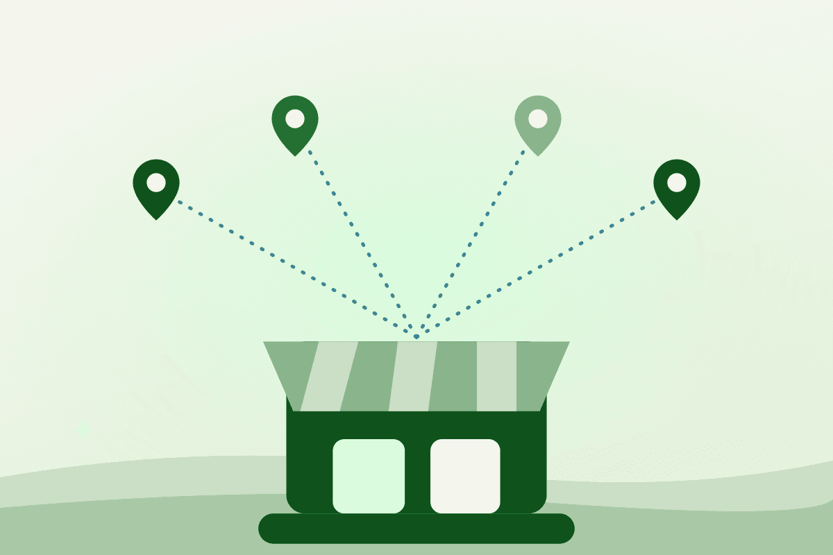 Flat illustration of a provincial food depot linked by dotted lines to four local food bank map pins