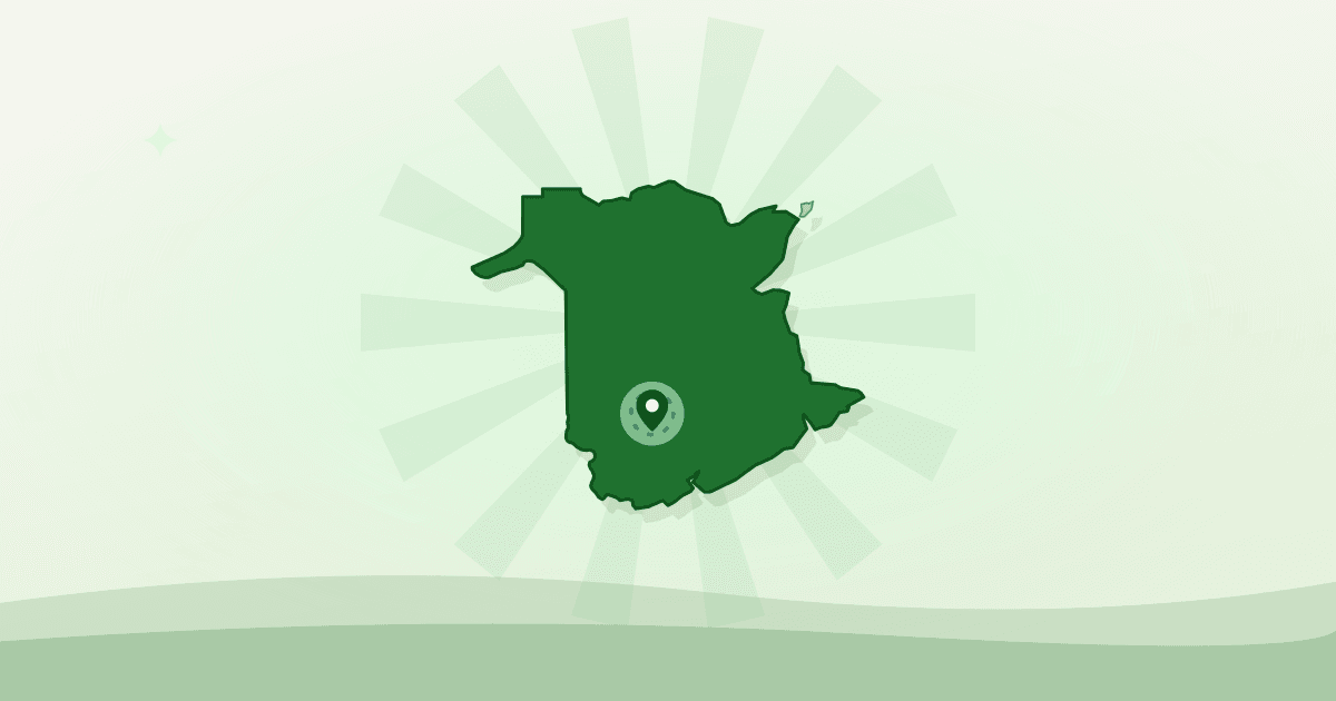 Illustrated outline of New Brunswick with Fredericton marked — food map of Fredericton, New Brunswick