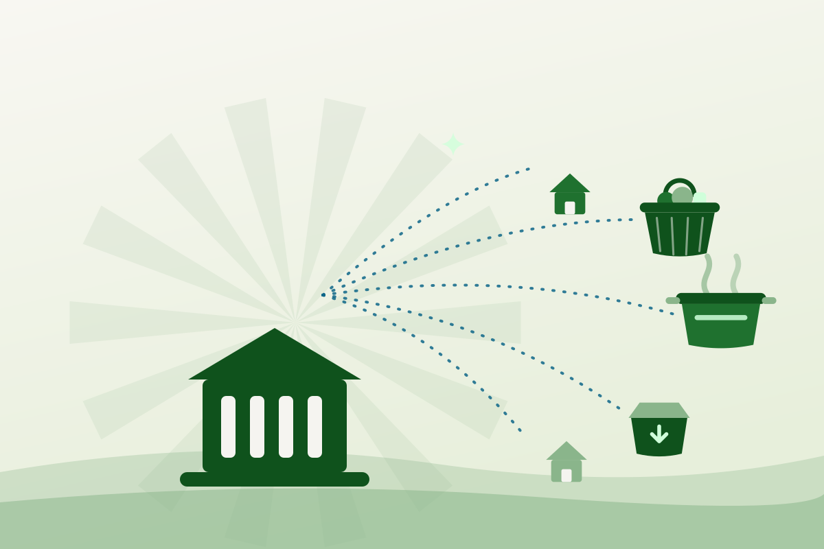 Illustration of a central warehouse with dotted lines fanning out to homes, a basket, a pot and a supply box, representing Feed NB distributing to its partner agencies