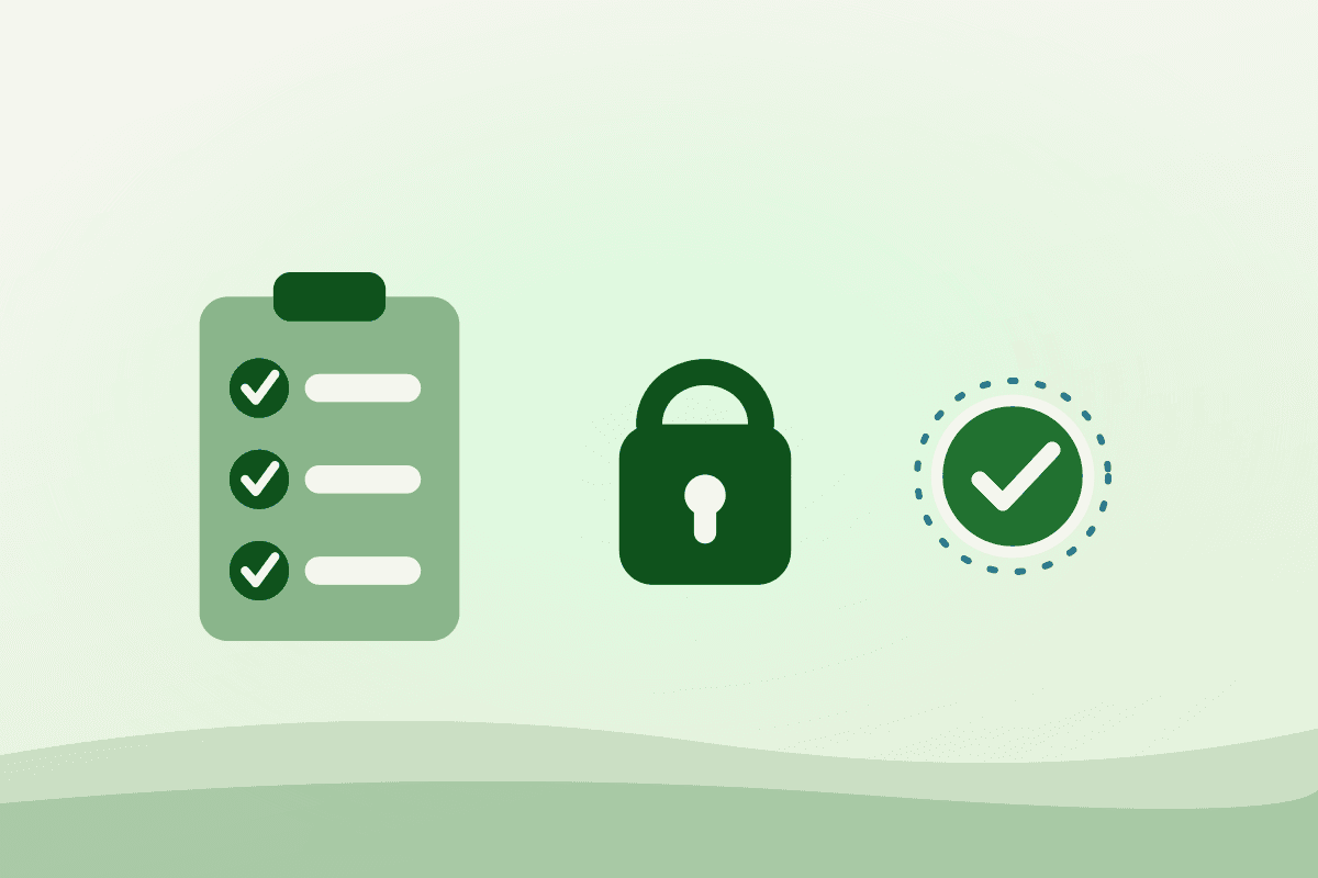 Flat illustration of a checklist, a padlock and an approval badge for vetting a commissary kitchen