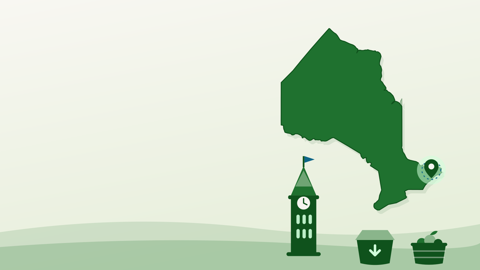 Farms near Ottawa: illustrated outline of Ontario with Ottawa marked, a Peace Tower motif and a CSA produce box