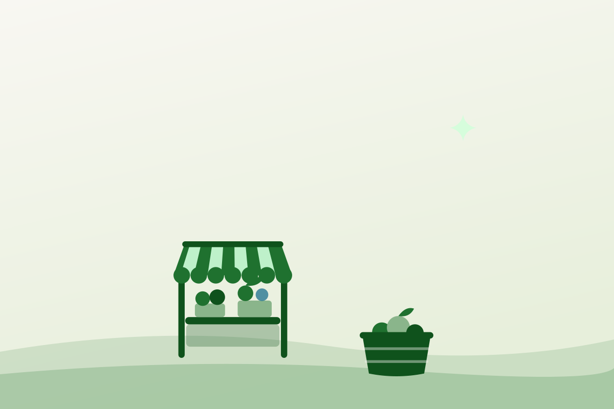 Flat illustration of a market stall and a produce crate — what is sold at the Hamilton Farmers' Market
