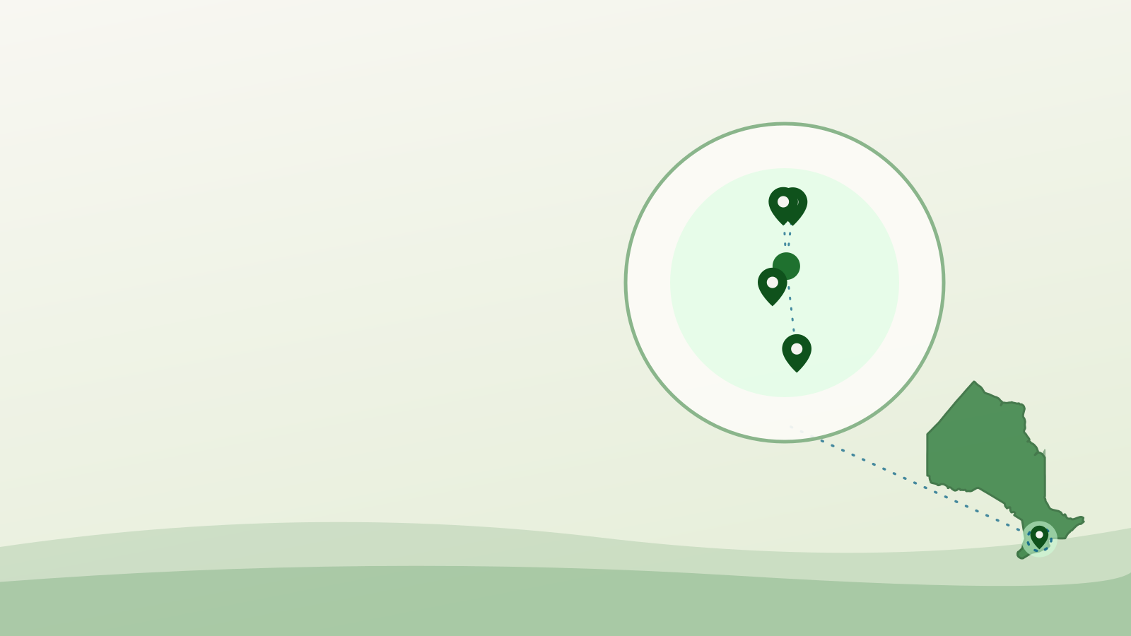Flat illustration of Guelph's mapped food support sites over an outline of Ontario — food bank guelph
